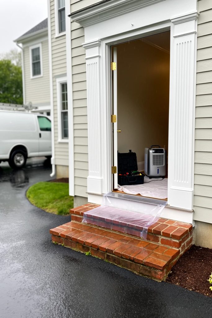 Unbranded restoration van and drying equipment set up at a Danvers MA residential entry