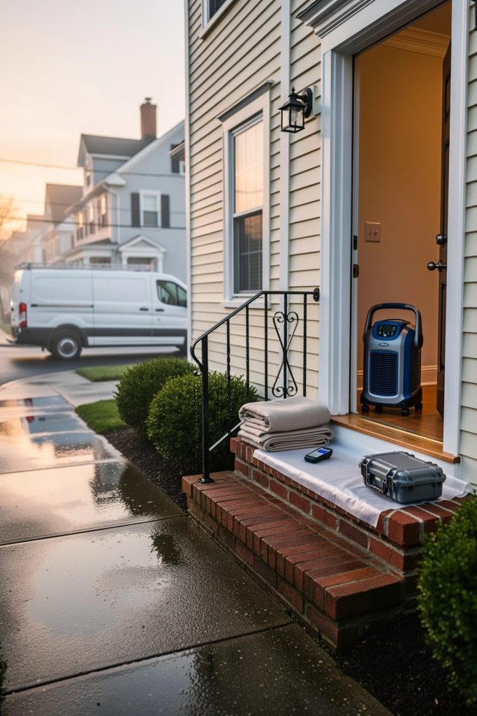 Unbranded restoration van and drying equipment set up at a home entrance in Lynn MA
