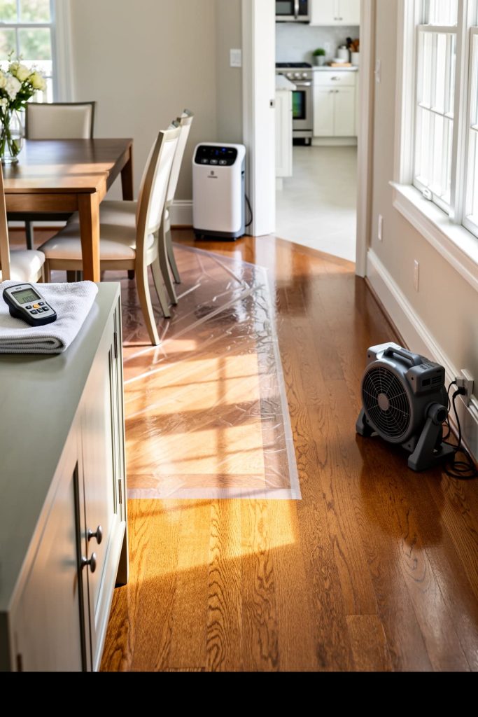 Drying equipment set up in a Wellesley MA dining room after a minor water line leak