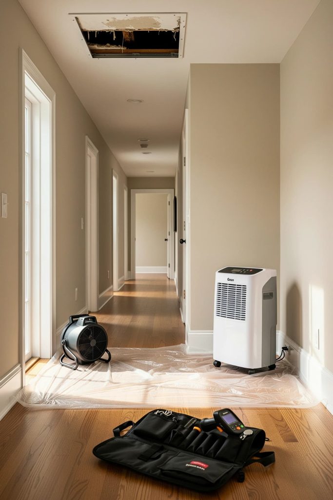 Dehumidifier and air mover set in a Weston MA home hallway after a minor ceiling leak