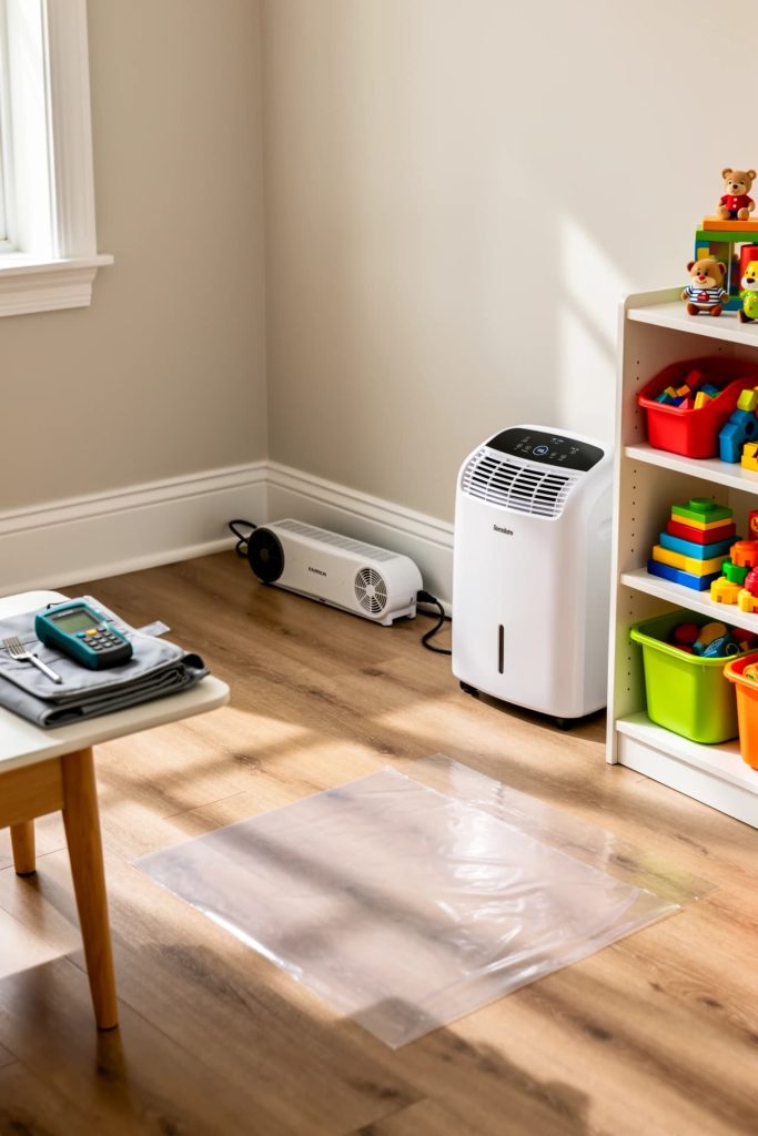 Dehumidifier and air mover set in a Westwood MA playroom after a small water spill