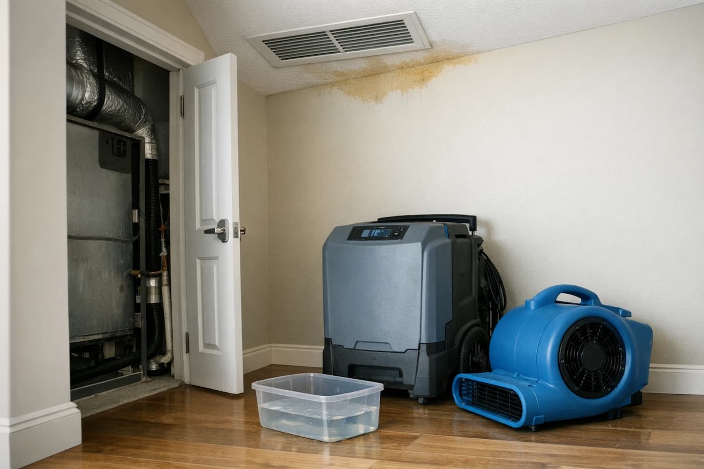 AC condensate overflow cleanup in Boston home with drying equipment