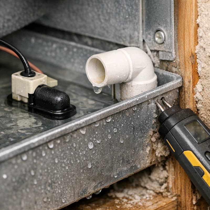 AC drain pan and float switch detail with moisture check