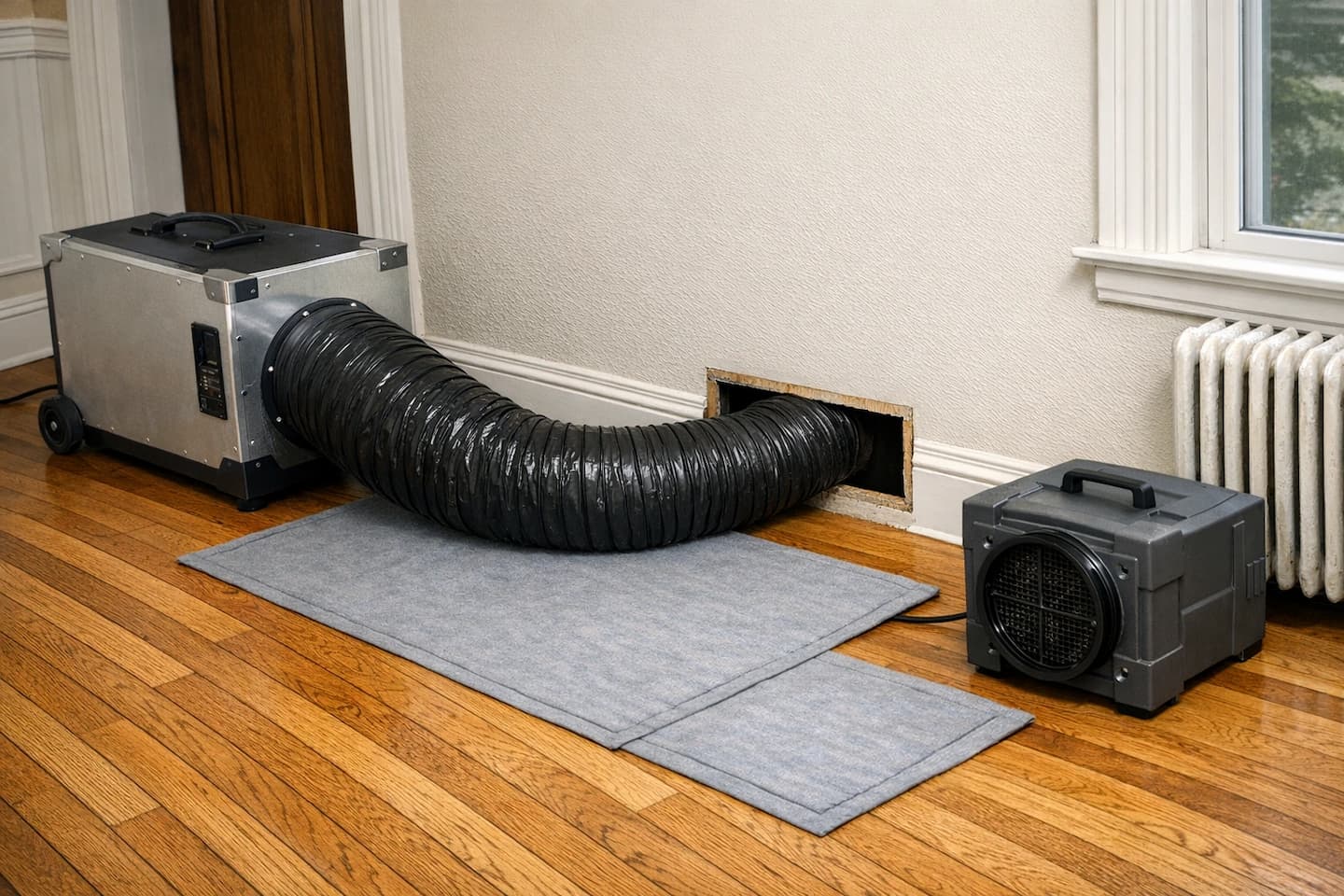 Air duct cleaning and restoration setup in Boston home
