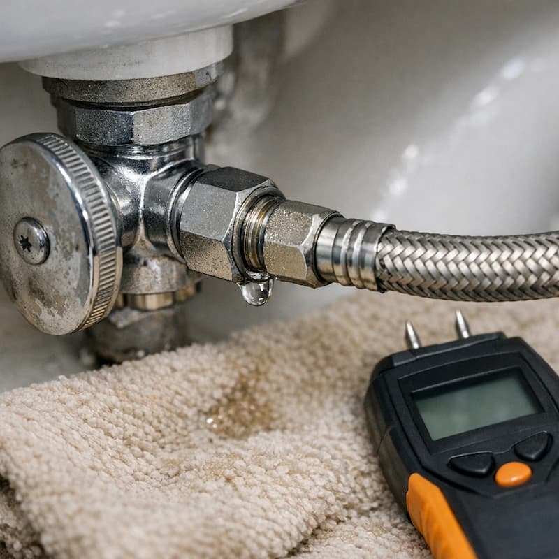 Angle stop braided hose leak detail with moisture