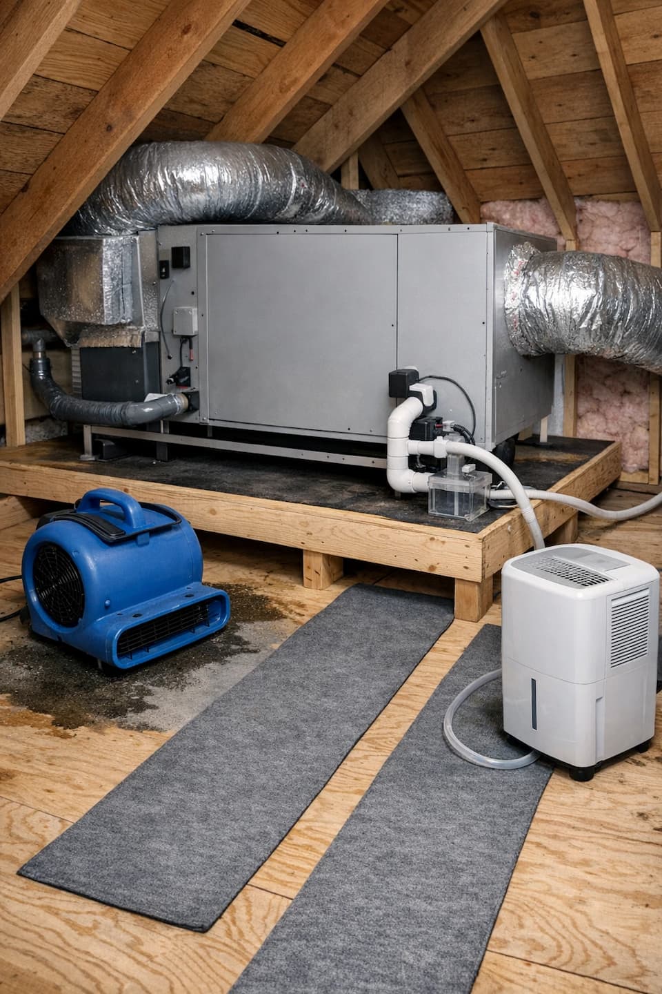 Attic air handler drying setup in Boston home