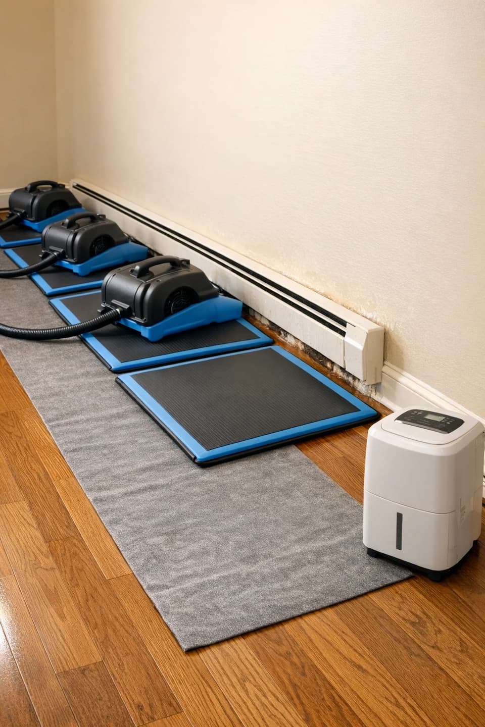 Baseboard heater floor drying setup in Boston