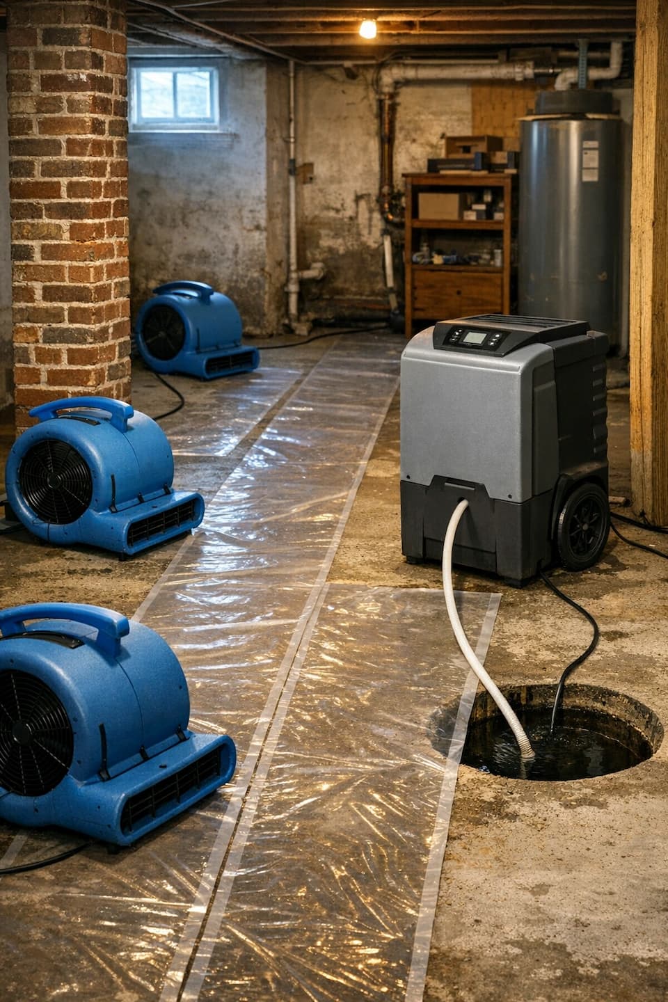 Basement drying setup after sump pump failure in Boston