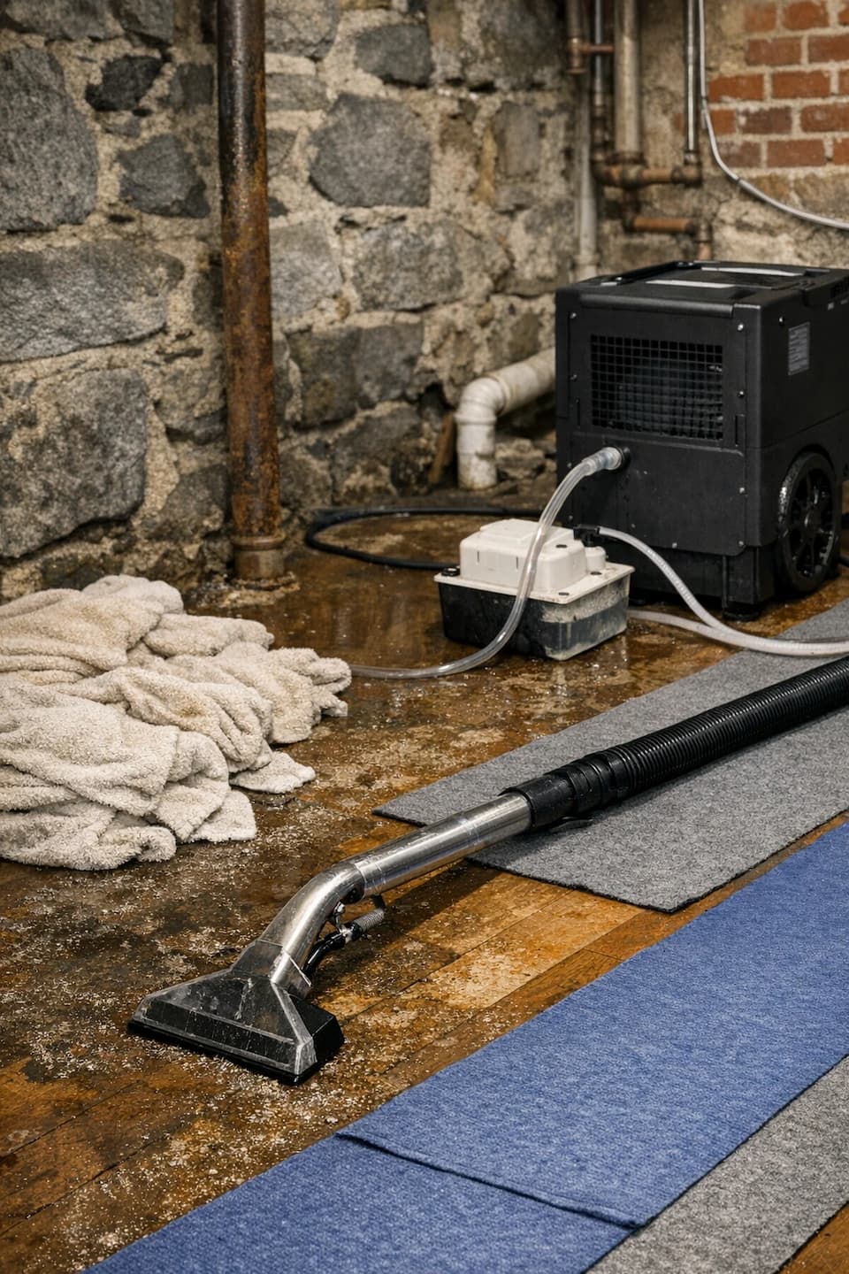 Basement water extraction after water heater leak in Boston