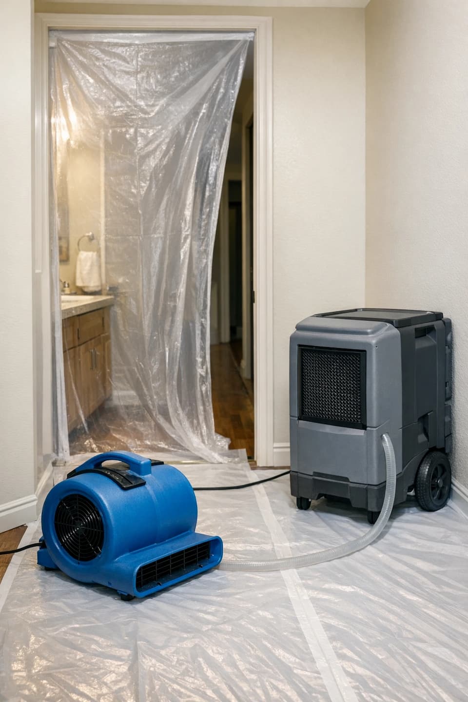 Contained bathroom drying setup after overflow
