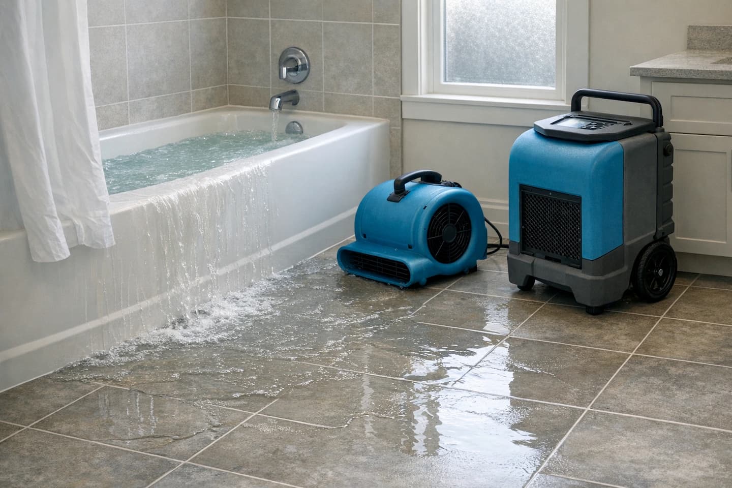 Bathtub overflow cleanup in Boston bathroom with drying equipment