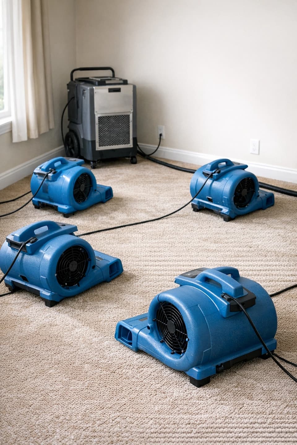 Carpet drying setup with air movers in Boston