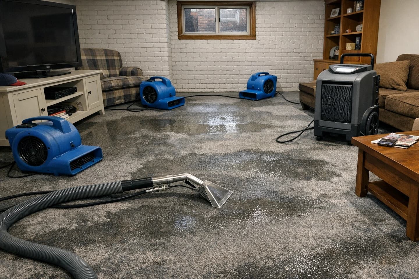 Carpet water damage cleanup in Boston with drying equipment