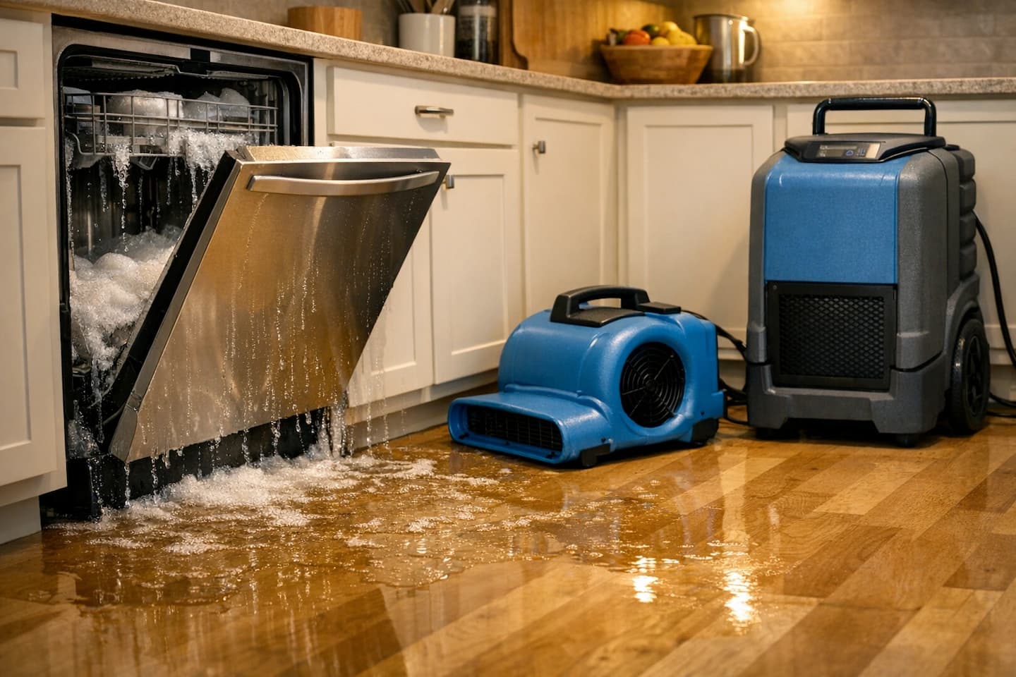 Dishwasher overflow cleanup in Boston kitchen