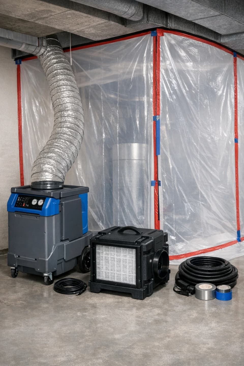 Duct sanitizing restoration setup with equipment