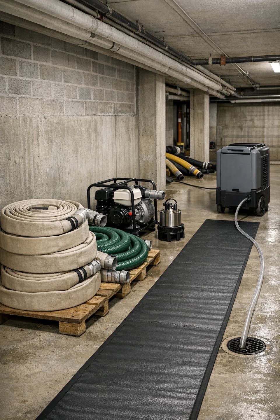 Emergency dewatering equipment staging in Boston basement