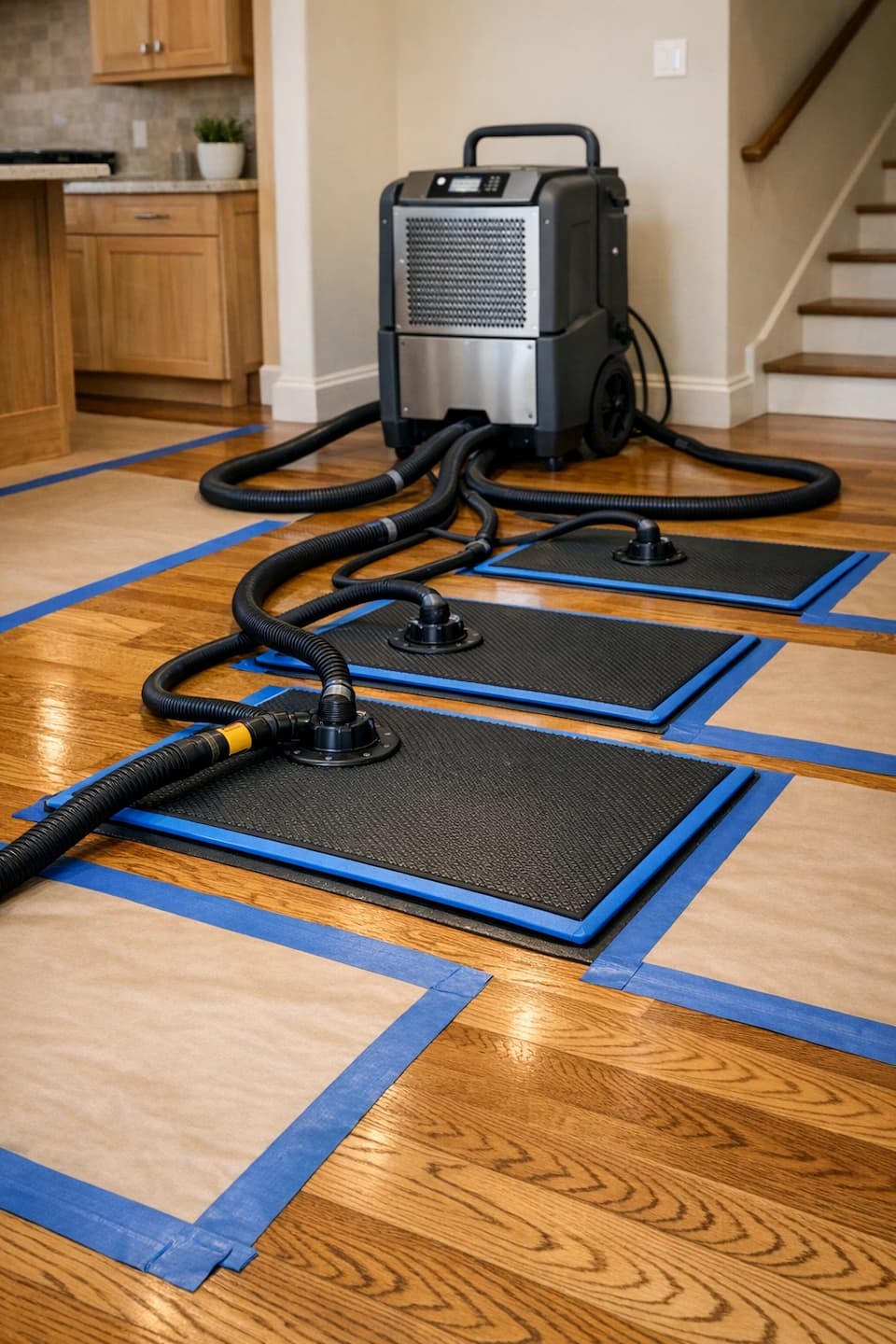 Floor drying mats process for hardwood water damage in Boston