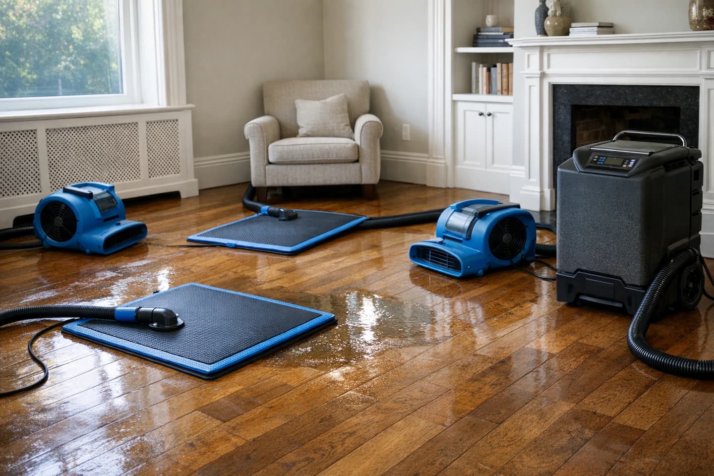 Hardwood floor water damage drying setup in Boston