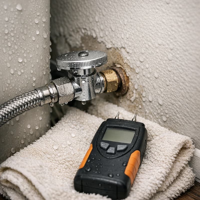 Ice maker water line fitting detail with moisture check
