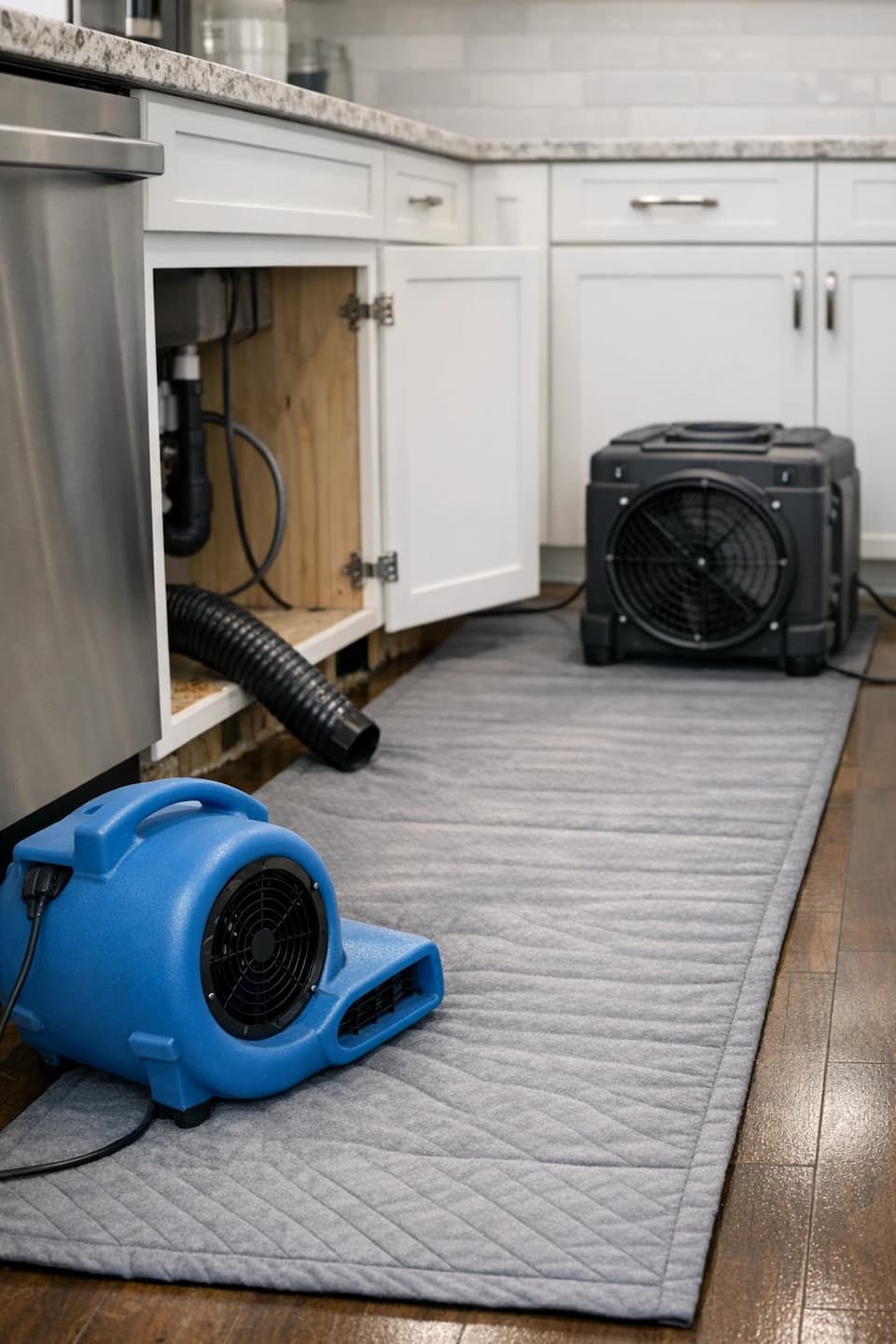Kitchen cabinet drying airflow setup after dishwasher overflow