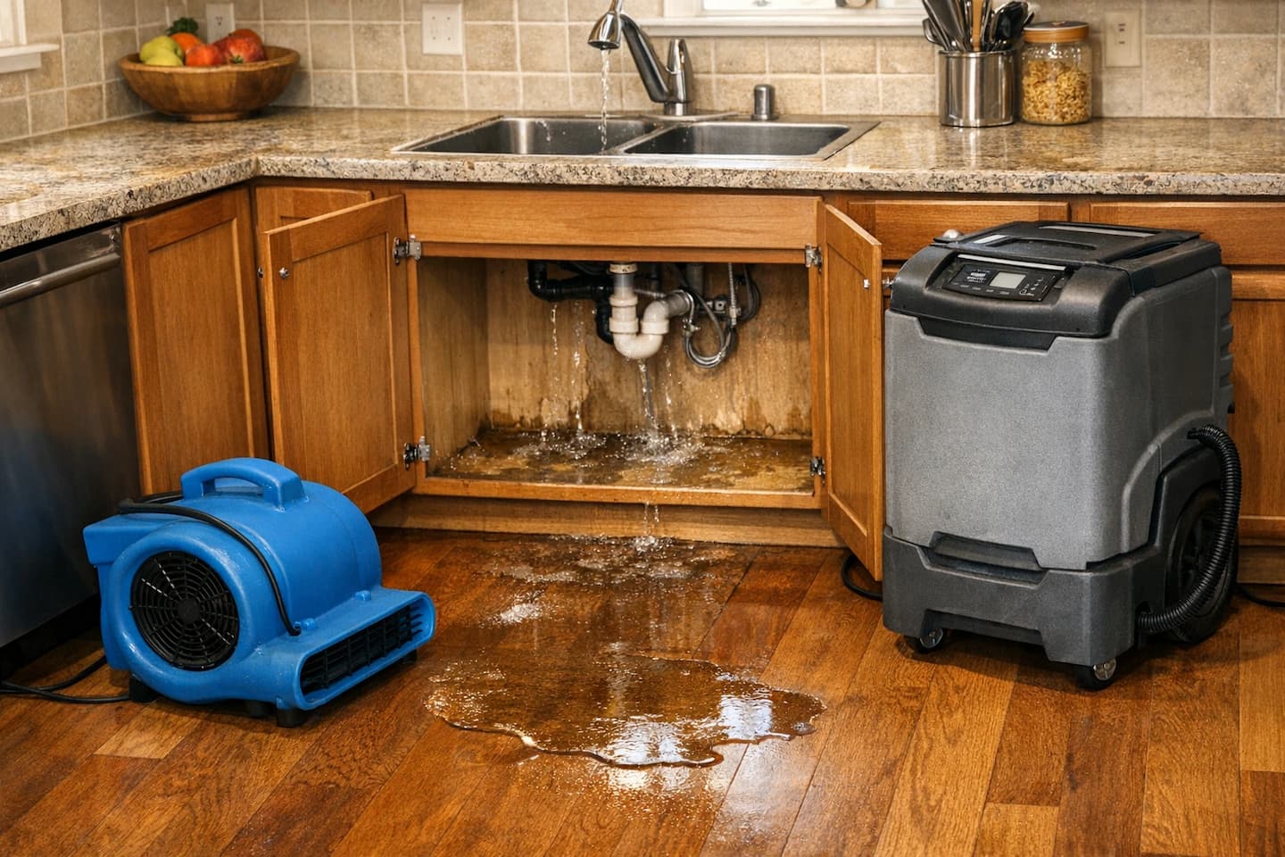 Kitchen sink leak cleanup in Boston with drying equipment