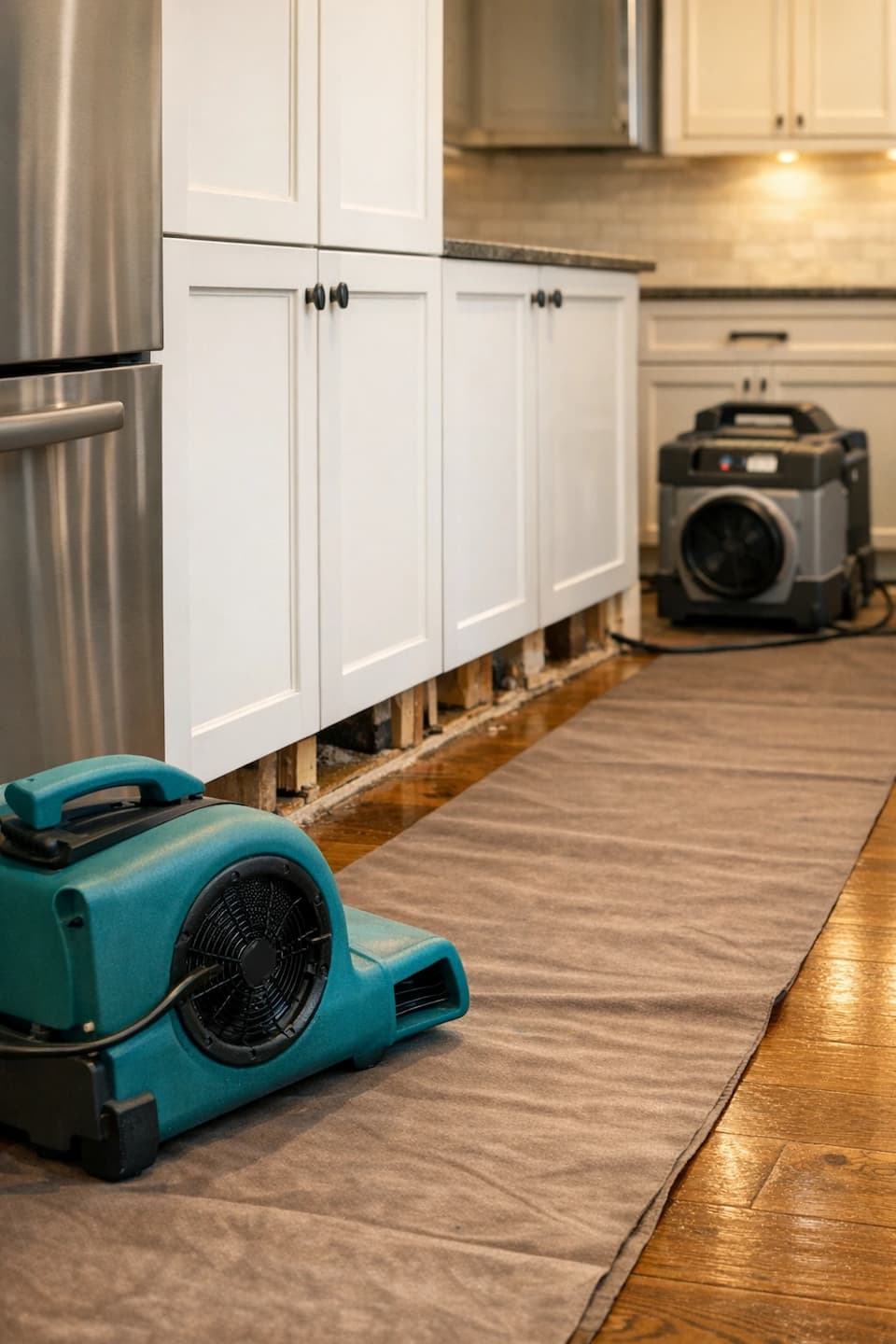 Kitchen toe-kick drying setup after refrigerator leak