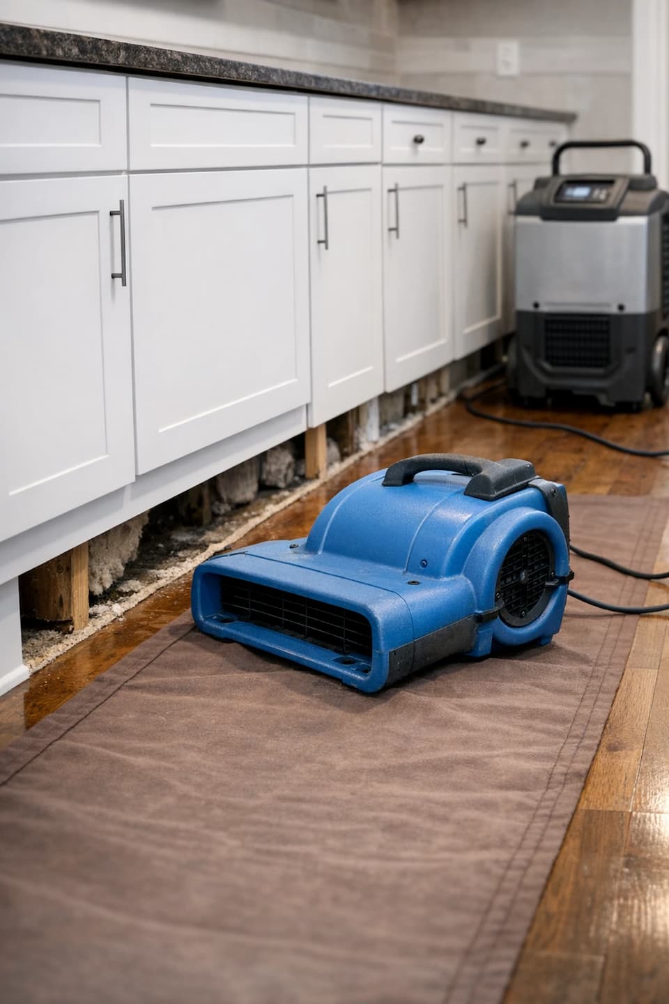 Toe-kick drying setup in kitchen after leak