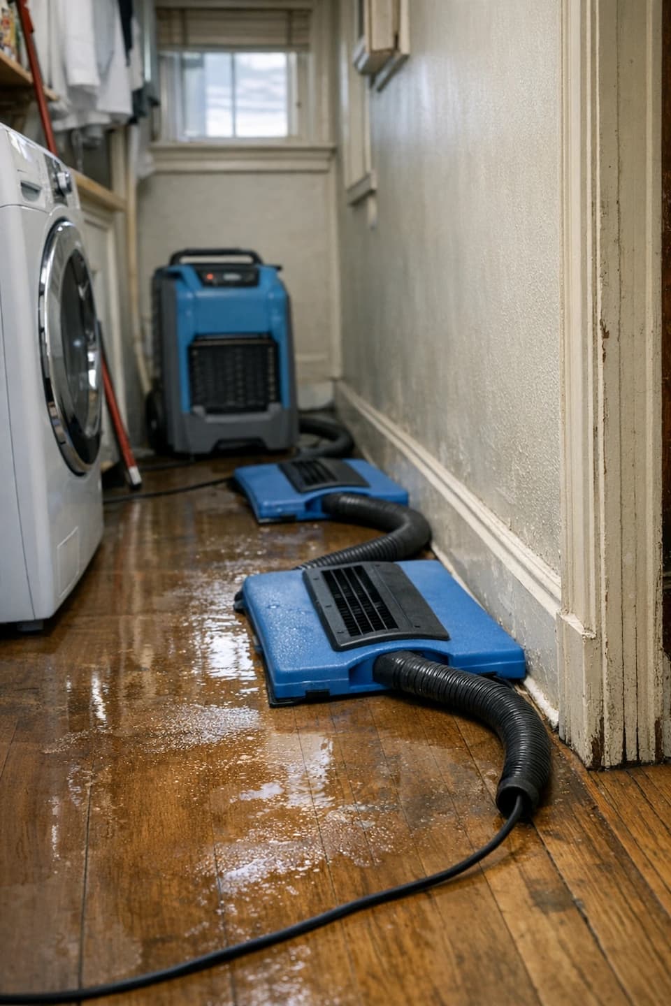 Laundry room floor drying setup after overflow