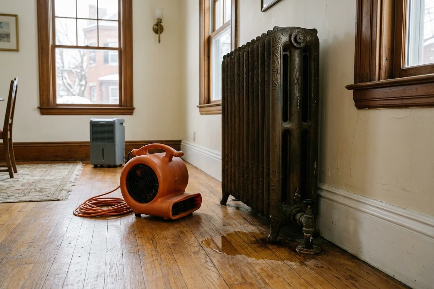 Radiator leak cleanup in Boston with floor drying equipment