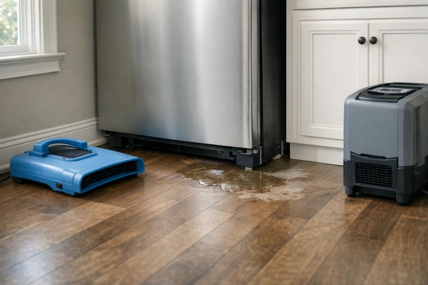 Refrigerator leak cleanup in Boston kitchen with drying equipment