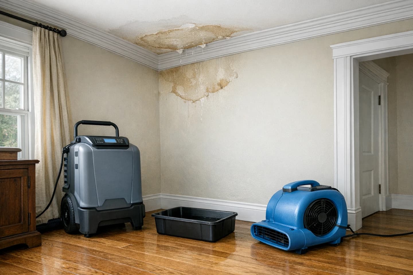 Roof leak water damage cleanup in Boston with drying equipment