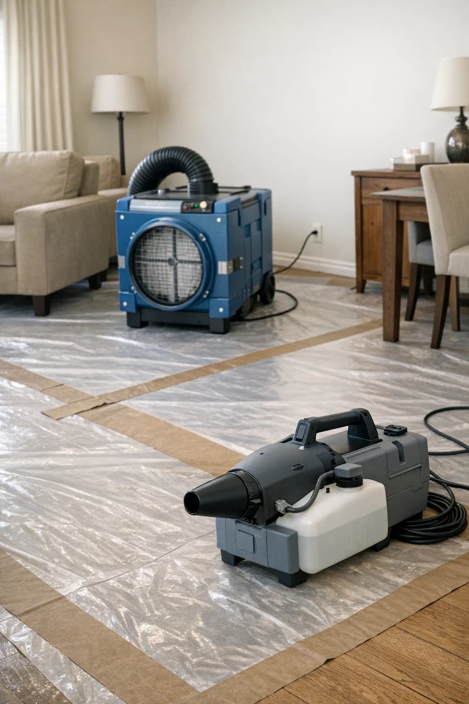 Room prepared for sanitizing with HEPA air scrubber and equipment
