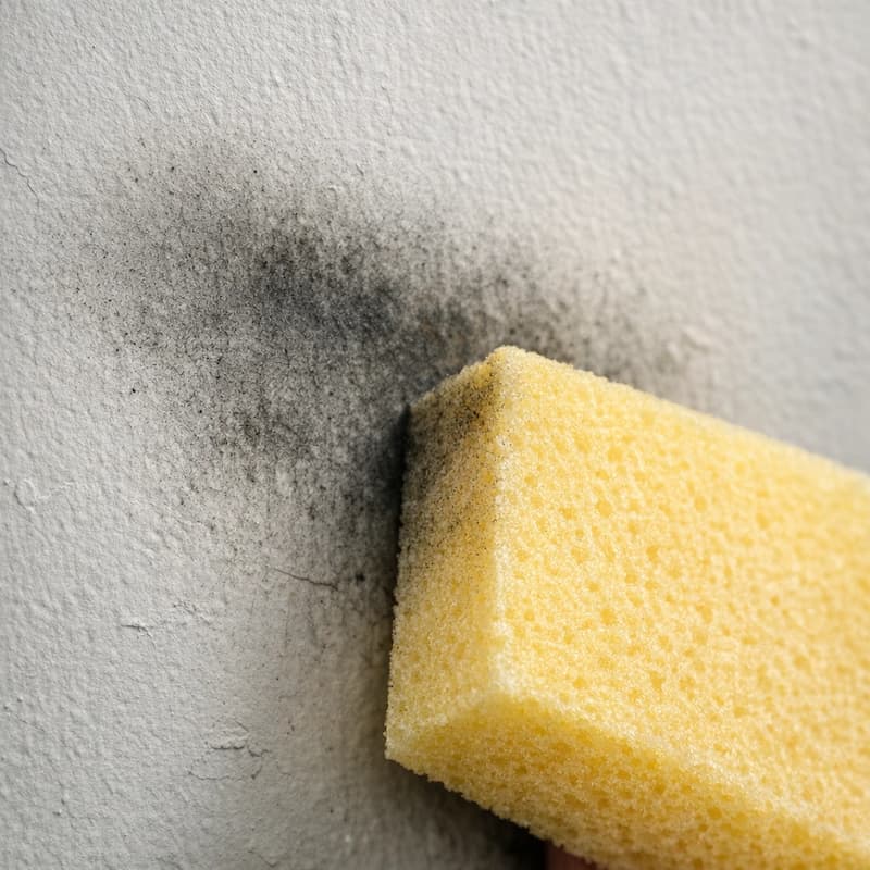 Soot residue on wall close-up with cleaning sponge