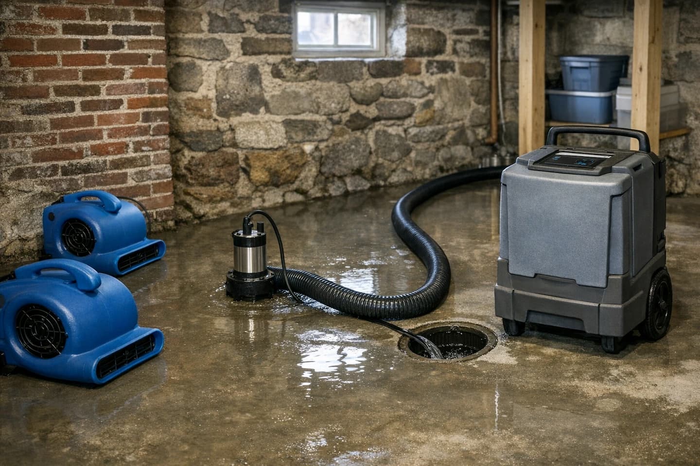 Standing water removal in Boston basement with extraction equipment