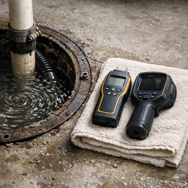 Sump pit overflow detail and moisture check