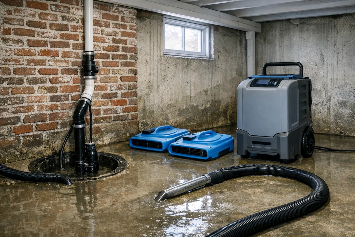 Sump pump failure cleanup in Boston MA with drying equipment