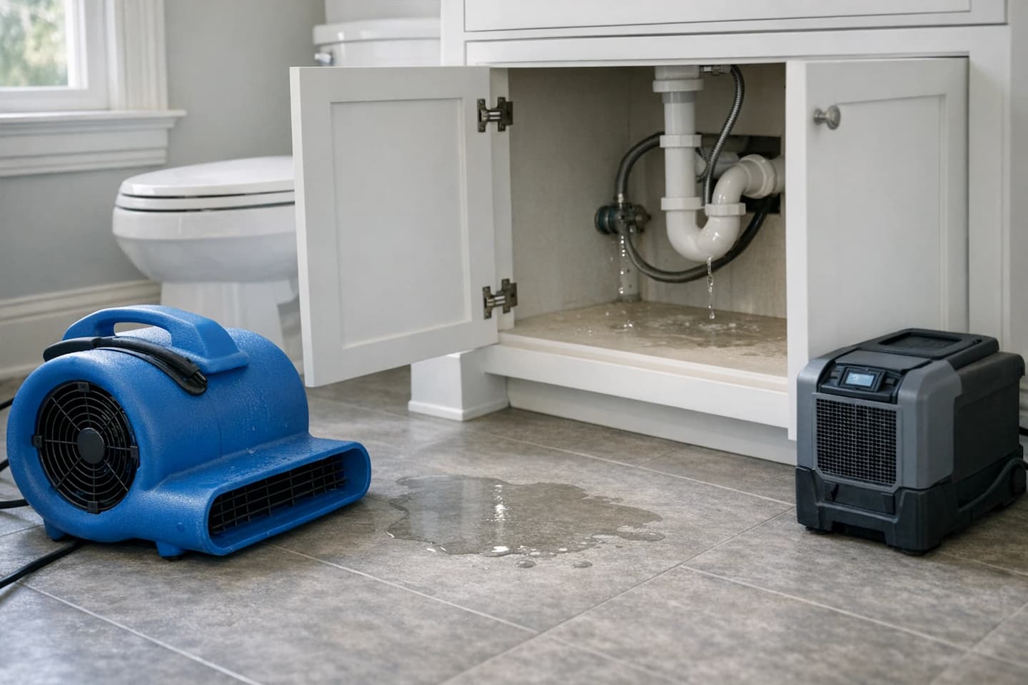 Supply line burst bathroom cleanup in Boston with drying equipment