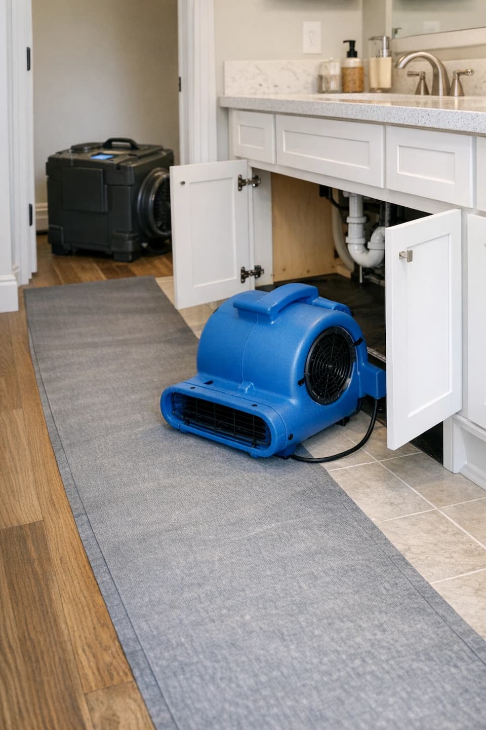 Vanity toe-kick drying after supply line leak