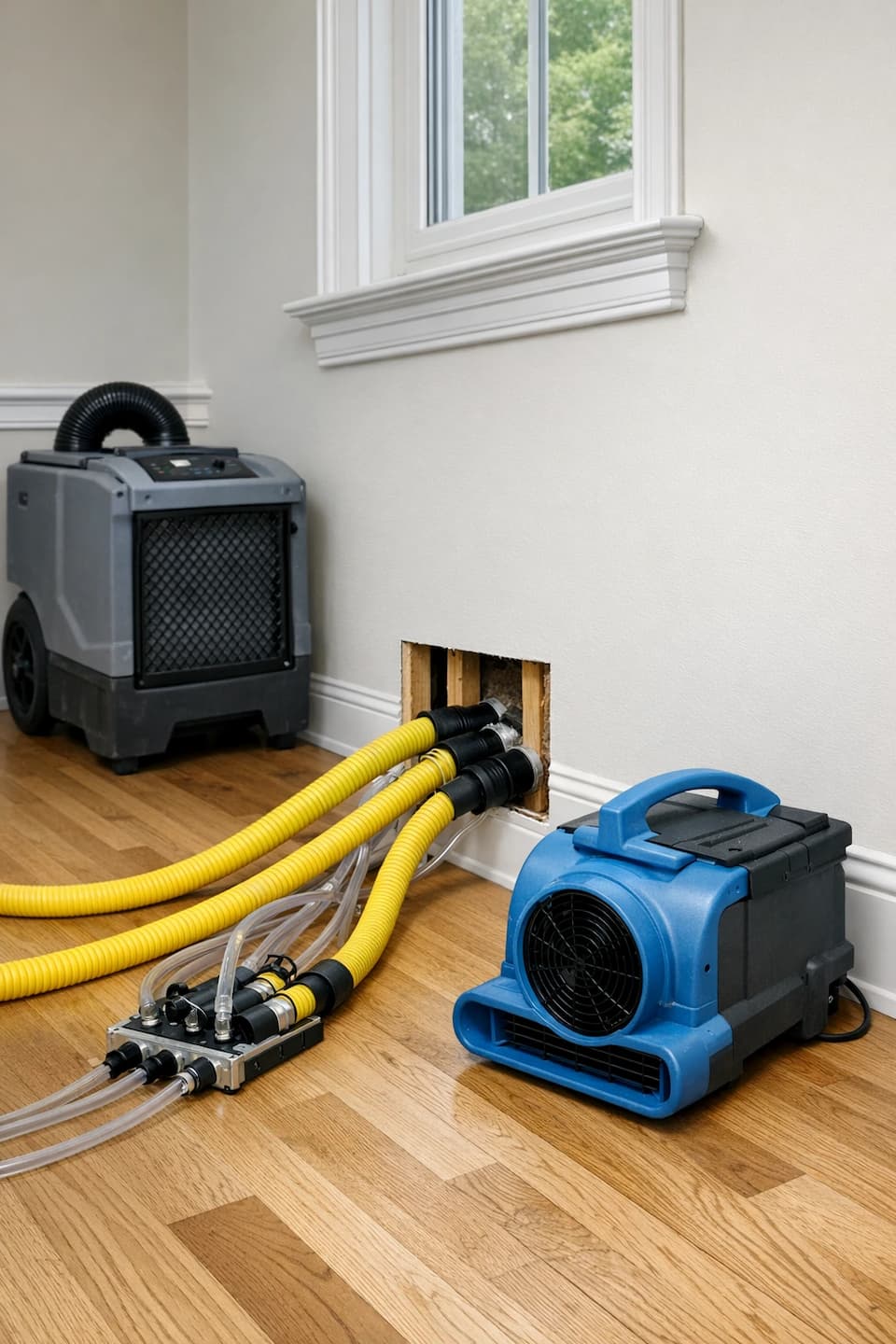 Wall cavity drying setup after window leak in Boston