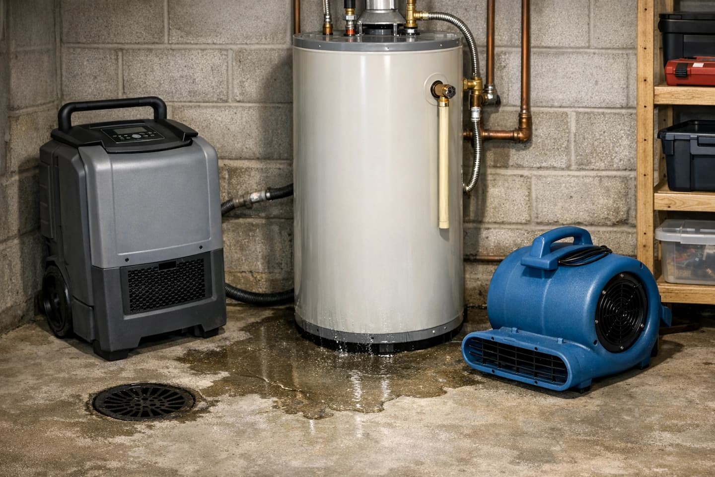 Water heater leak cleanup in Boston with drying equipment