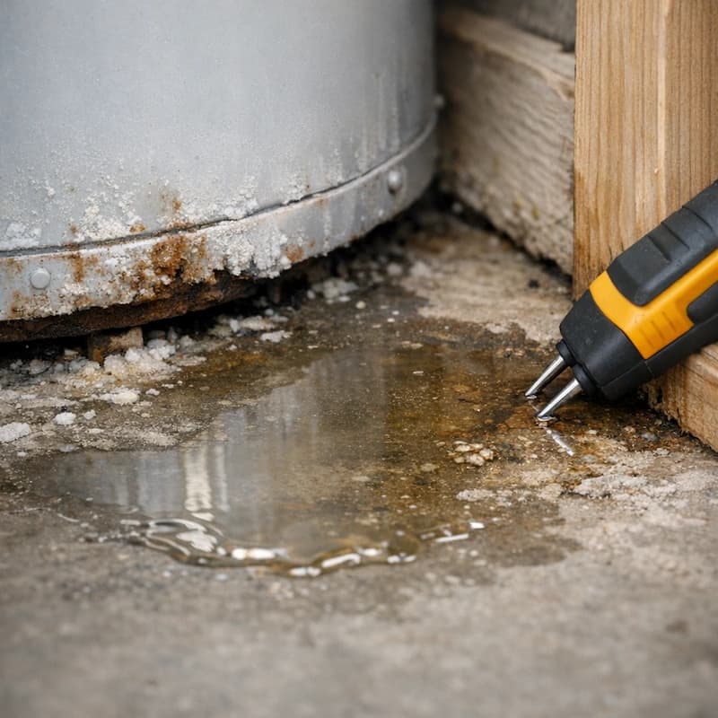 Close-up of water heater leak puddle