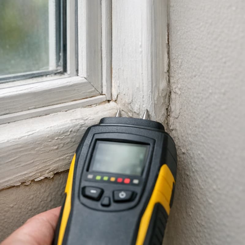 Moisture meter checking window casing area