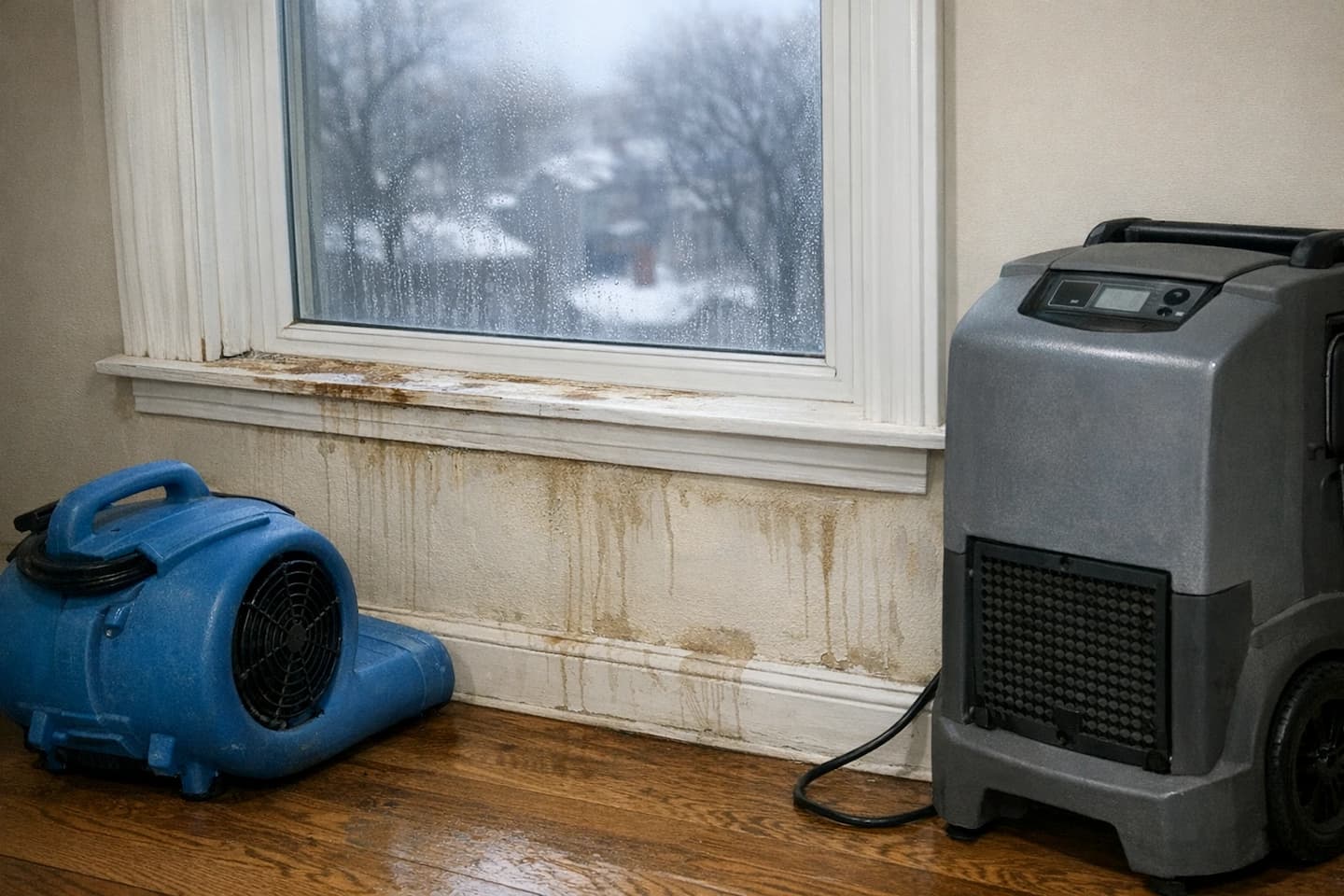 Window leak water damage cleanup in Boston home
