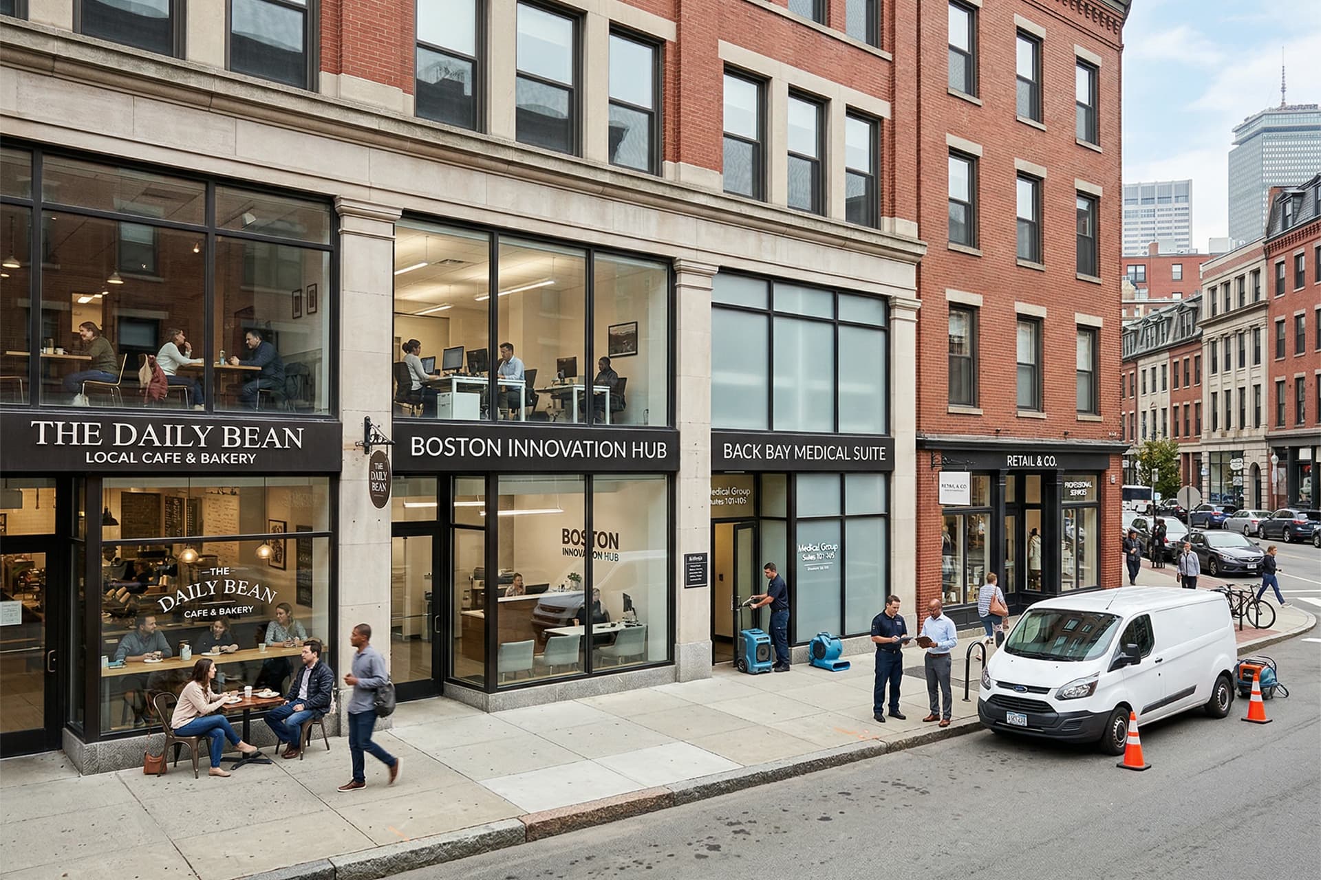 Commercial restoration scene at a Boston business property