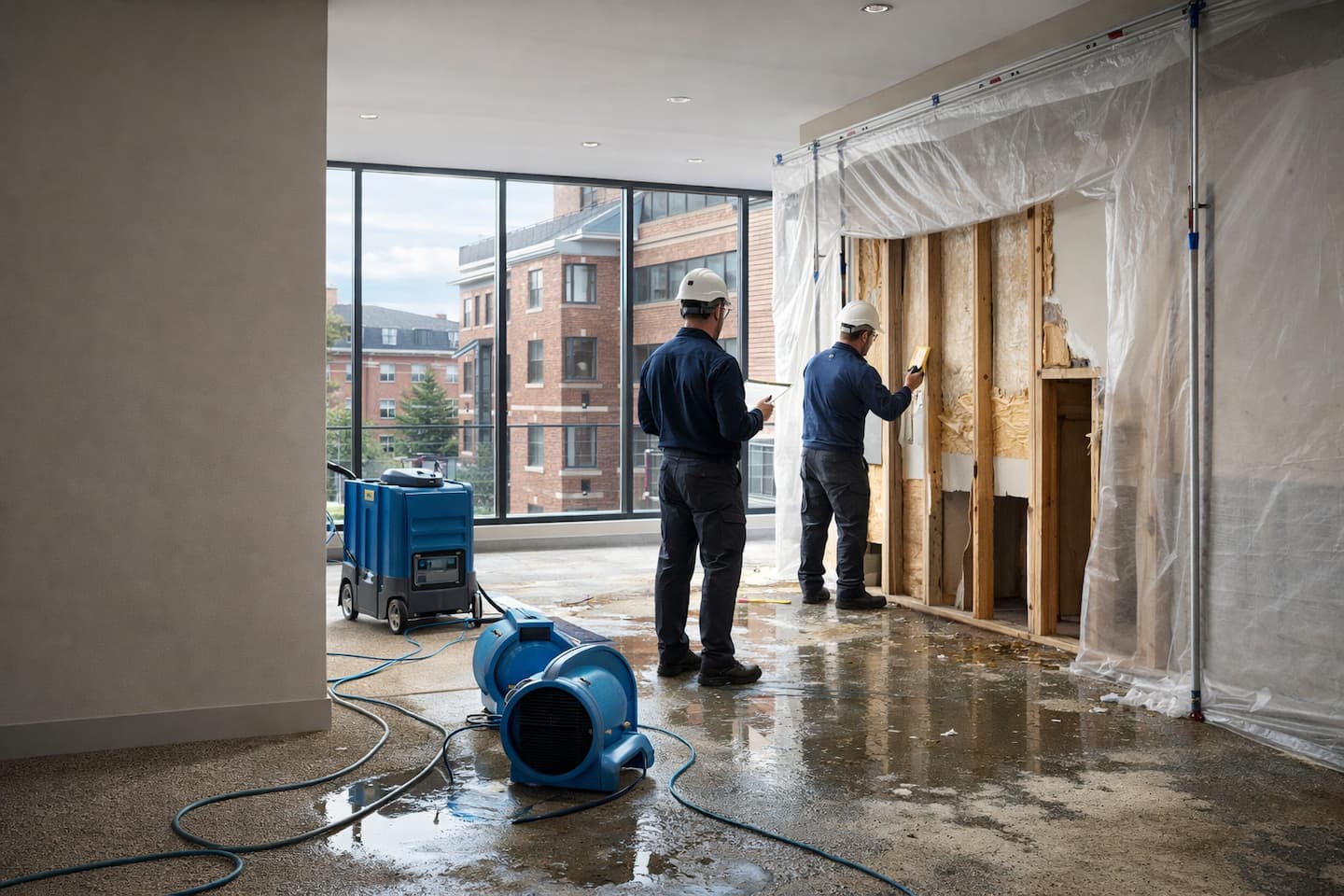 Commercial restoration technicians working at a damaged office property in Boston