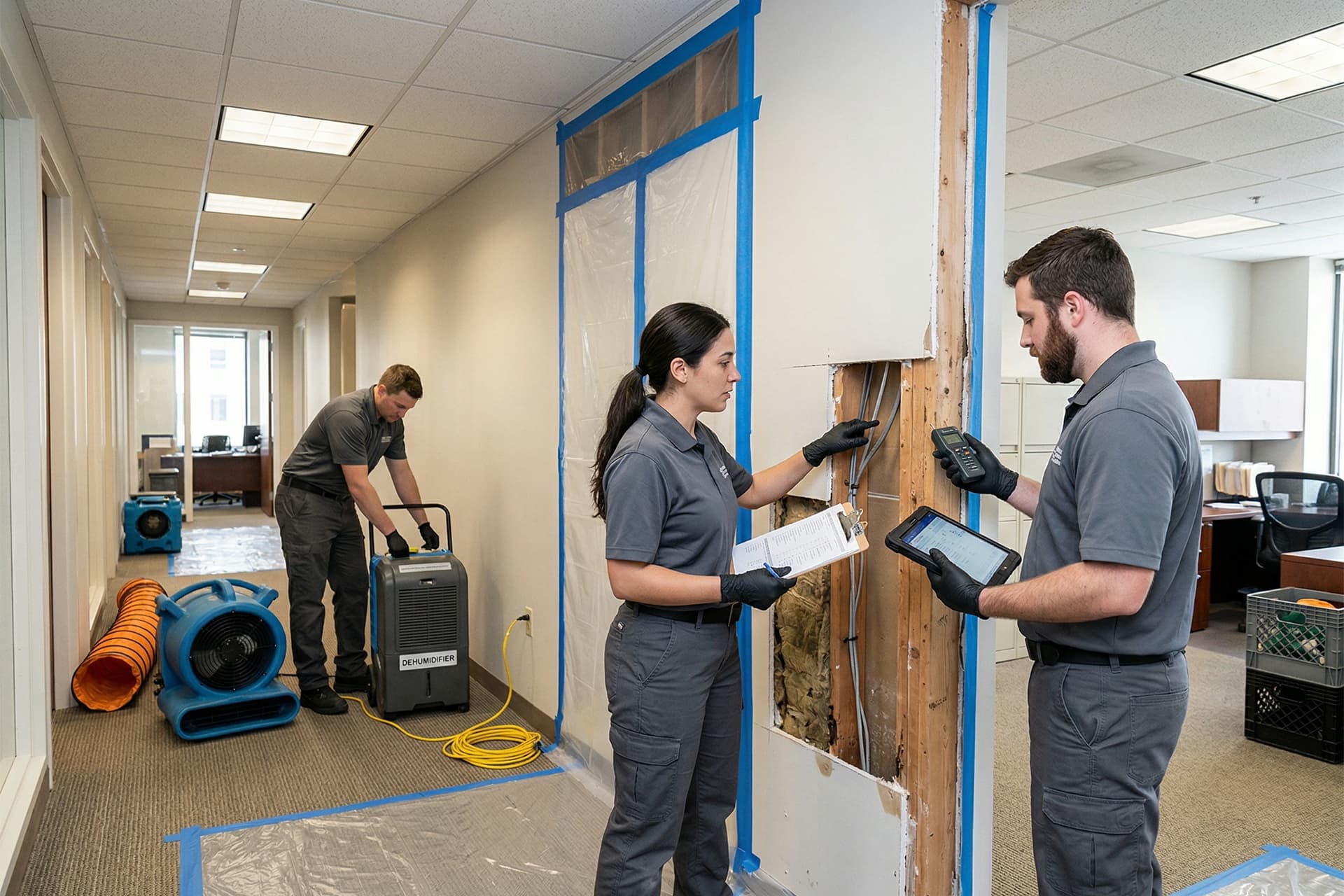 Commercial restoration team inspecting and planning work at a Boston property