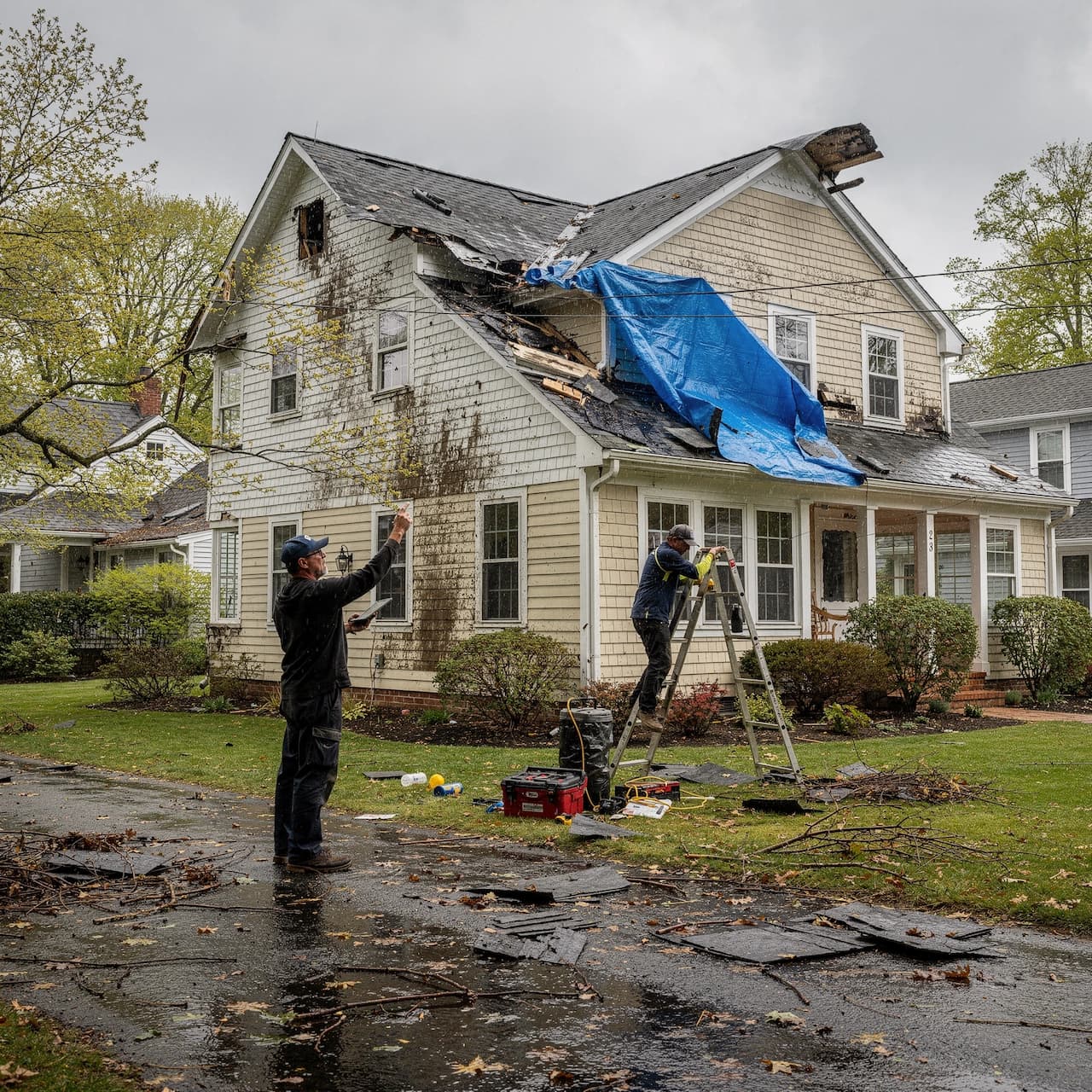 Residential storm damage restoration in Boston with roof and exterior repairs