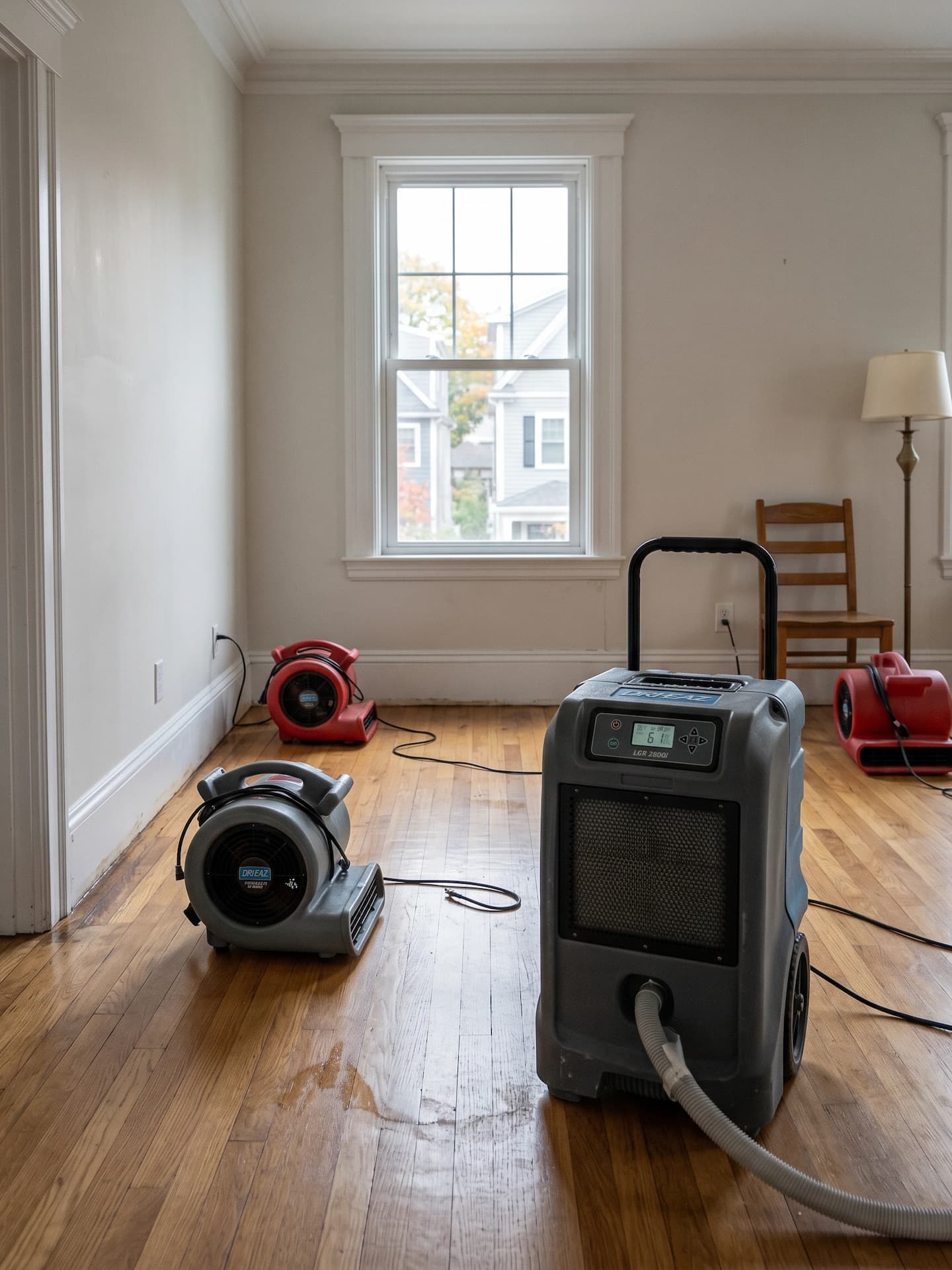 restoration equipment rental in Boston drying setup with dehumidifier and air movers in residential home