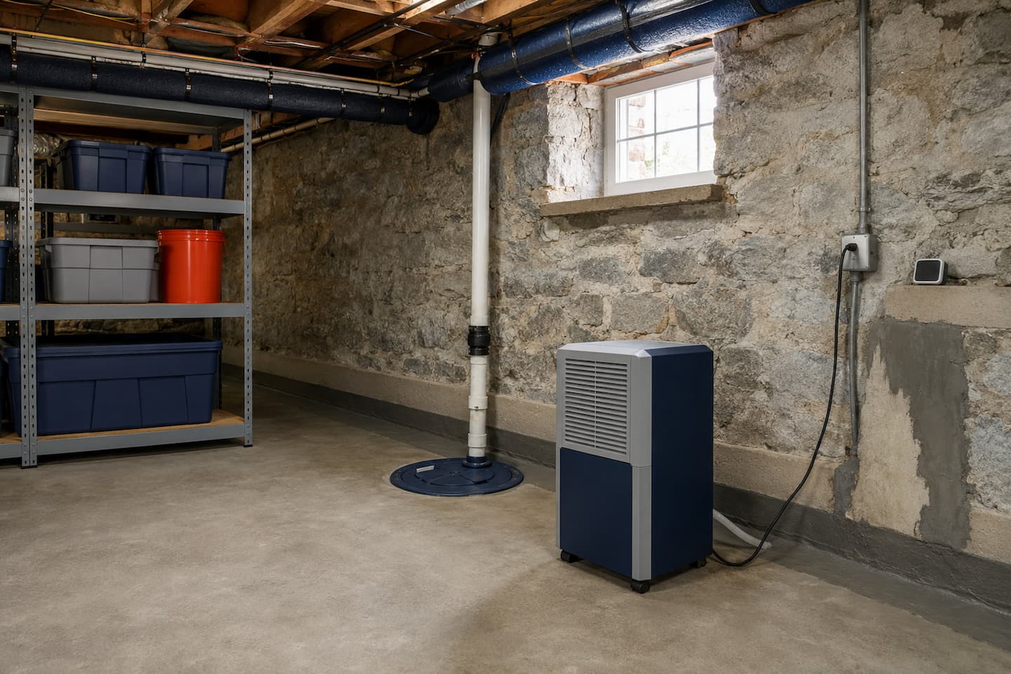 Clean older basement with a dehumidifier, sealed sump crock, insulated pipes, and elevated storage