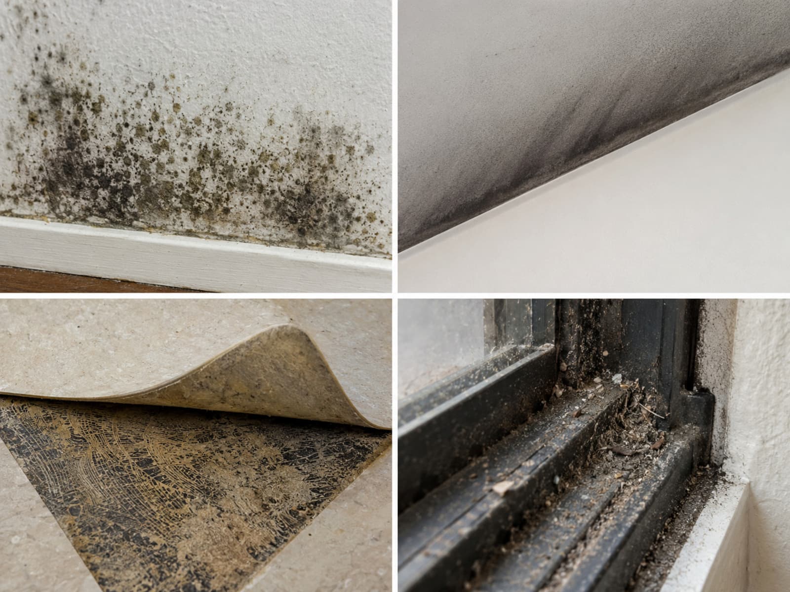 Four close-up surfaces showing dark mold-like growth, soot tracking, old adhesive, and window-track grime